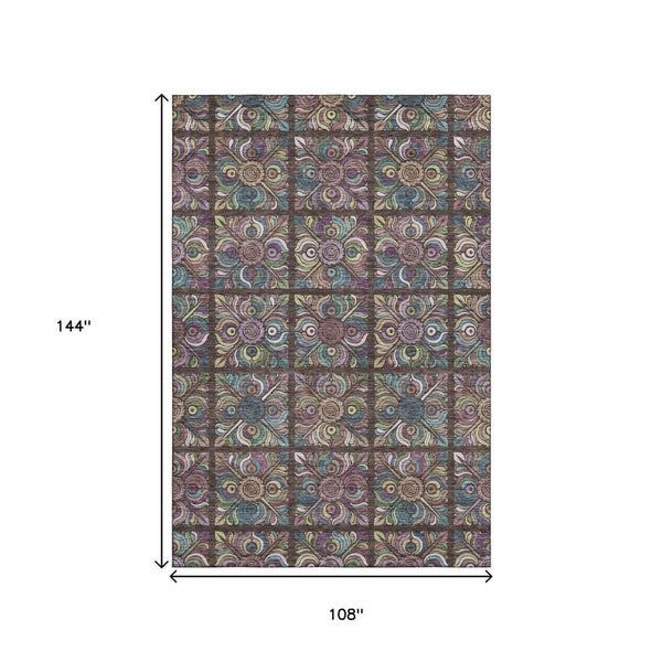HomeRoots 9' X 12' Artistic Medallion Area Rug in Chocolate, Purple, and Teal - Washable with UV Protection! 667684