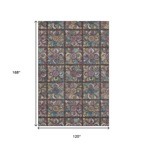 HomeRoots 10' X 14' Washable Area Rug in Chocolate, Purple & Teal Medallion – UV Protected, Stain-Resistant! 667685