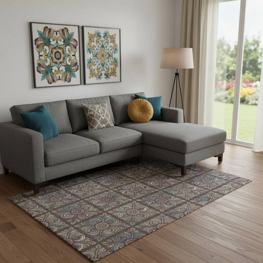 HomeRoots 10' X 14' Washable Area Rug in Chocolate, Purple & Teal Medallion – UV Protected, Stain-Resistant! 667685