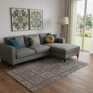 HomeRoots 10' X 14' Washable Area Rug in Chocolate, Purple & Teal Medallion – UV Protected, Stain-Resistant! 667685