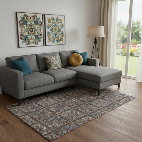 HomeRoots 10' X 14' Washable Area Rug in Chocolate, Purple & Teal Medallion – UV Protected, Stain-Resistant! 667685