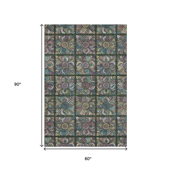 HomeRoots 5' X 8' Vibrant Fern Green, Purple & Teal Medallion Washable Area Rug with UV & Stain Protection 667687