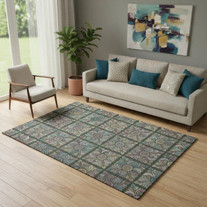 HomeRoots 5' X 8' Vibrant Fern Green, Purple & Teal Medallion Washable Area Rug with UV & Stain Protection 667687