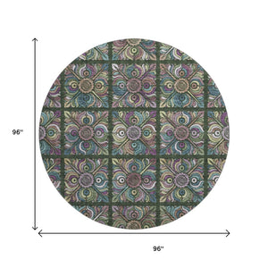 HomeRoots 8' Fern Green Purple Teal Medallion Round Rug - Washable, UV-Protected, Stylish Home Essential! 667688