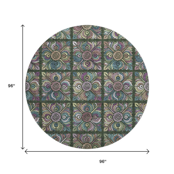 HomeRoots 8' Fern Green Purple Teal Medallion Round Rug - Washable, UV-Protected, Stylish Home Essential! 667688