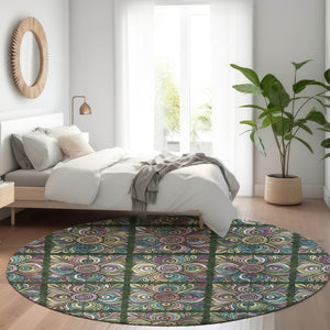 HomeRoots 8' Fern Green Purple Teal Medallion Round Rug - Washable, UV-Protected, Stylish Home Essential! 667688
