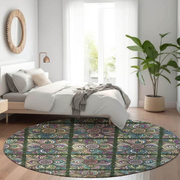 HomeRoots 8' Fern Green Purple Teal Medallion Round Rug - Washable, UV-Protected, Stylish Home Essential! 667688
