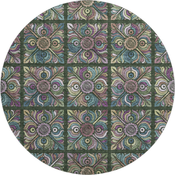 HomeRoots 8' Fern Green Purple Teal Medallion Round Rug - Washable, UV-Protected, Stylish Home Essential! 667688