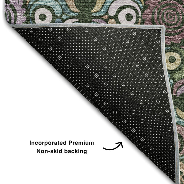 HomeRoots 8' Fern Green Purple Teal Medallion Round Rug - Washable, UV-Protected, Stylish Home Essential! 667688