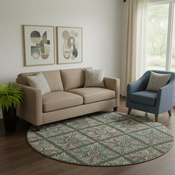 HomeRoots 8' Fern Green Purple Teal Medallion Round Rug - Washable, UV-Protected, Stylish Home Essential! 667688