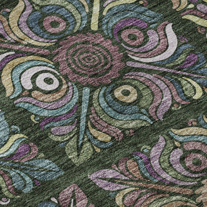 HomeRoots 8' X 10' Medallion Area Rug in Fern Green, Purple & Teal – Washable, Stain Resistant, UV Protected! 667689