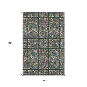 HomeRoots 8' X 10' Medallion Area Rug in Fern Green, Purple & Teal – Washable, Stain Resistant, UV Protected! 667689