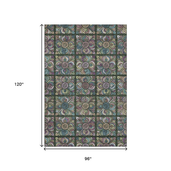 HomeRoots 8' X 10' Medallion Area Rug in Fern Green, Purple & Teal – Washable, Stain Resistant, UV Protected! 667689