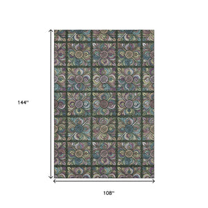 HomeRoots 9' X 12' Stylish Fern Green, Purple & Teal Medallion Washable Area Rug with Stain & UV Resistance 667690