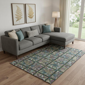 HomeRoots 9' X 12' Stylish Fern Green, Purple & Teal Medallion Washable Area Rug with Stain & UV Resistance 667690