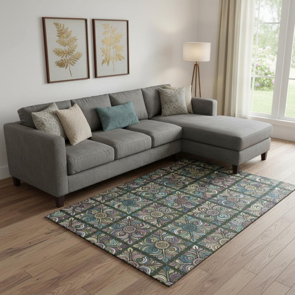 HomeRoots 10' Vibrant Fern Green, Purple & Teal Medallion Area Rug - Washable, UV Protected, Stain Resistant! 667691