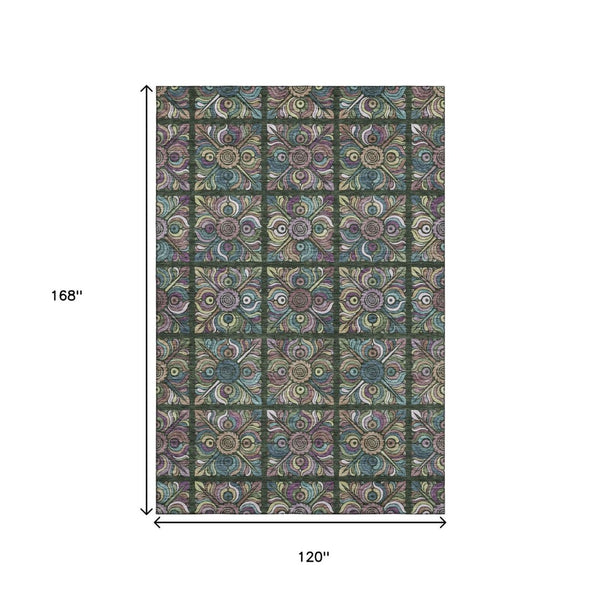 HomeRoots 10' Vibrant Fern Green, Purple & Teal Medallion Area Rug - Washable, UV Protected, Stain Resistant! 667691