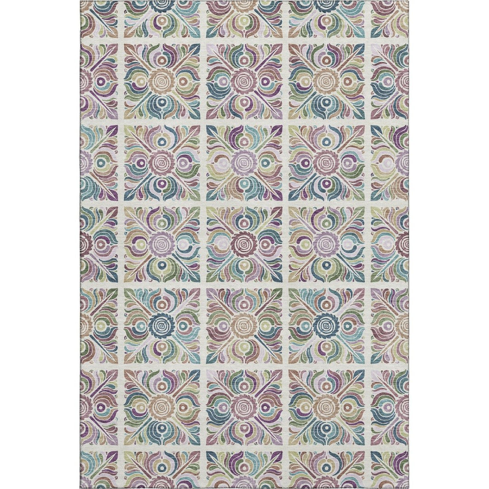 HomeRoots 5' X 8' Ivory Purple Teal Medallion Area Rug - Washable, UV Protected, Stain-Resistant & Stylish 667693