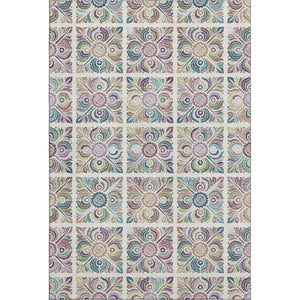 HomeRoots 5' X 8' Ivory Purple Teal Medallion Area Rug - Washable, UV Protected, Stain-Resistant & Stylish 667693