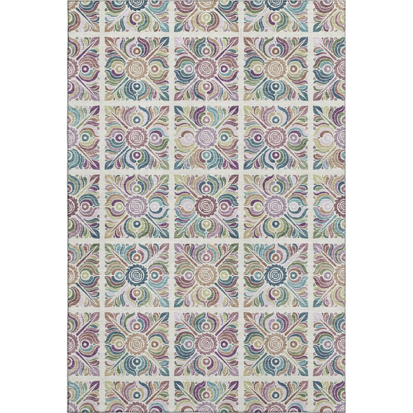 HomeRoots 5' X 8' Ivory Purple Teal Medallion Area Rug - Washable, UV Protected, Stain-Resistant & Stylish 667693