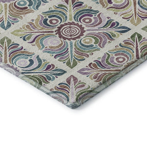 HomeRoots 5' X 8' Ivory Purple Teal Medallion Area Rug - Washable, UV Protected, Stain-Resistant & Stylish 667693