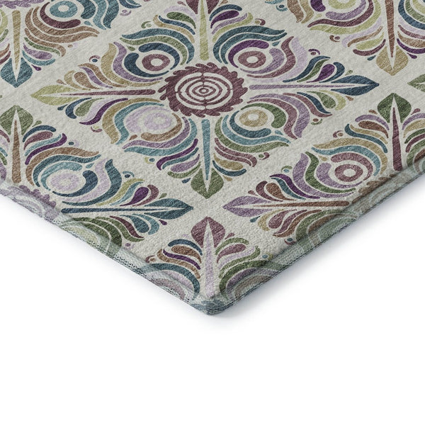 HomeRoots 5' X 8' Ivory Purple Teal Medallion Area Rug - Washable, UV Protected, Stain-Resistant & Stylish 667693