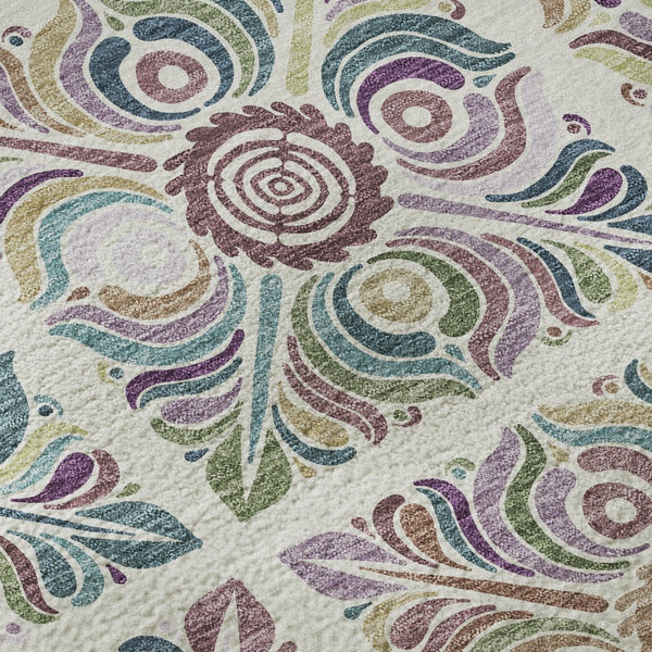 HomeRoots 5' X 8' Ivory Purple Teal Medallion Area Rug - Washable, UV Protected, Stain-Resistant & Stylish 667693