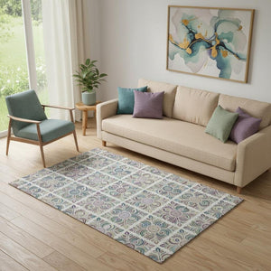 HomeRoots 5' X 8' Ivory Purple Teal Medallion Area Rug - Washable, UV Protected, Stain-Resistant & Stylish 667693