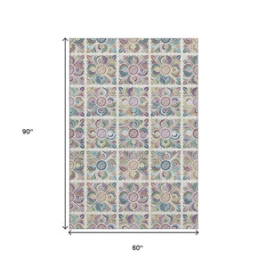 HomeRoots 5' X 8' Ivory Purple Teal Medallion Area Rug - Washable, UV Protected, Stain-Resistant & Stylish 667693