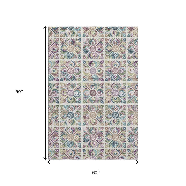 HomeRoots 5' X 8' Ivory Purple Teal Medallion Area Rug - Washable, UV Protected, Stain-Resistant & Stylish 667693
