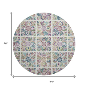 HomeRoots 8' Washable Round Medallion Rug in Ivory, Purple & Teal – UV Protected, Stain Resistant, Durable Comfort 667694