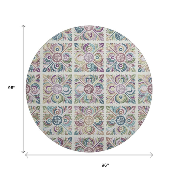 HomeRoots 8' Washable Round Medallion Rug in Ivory, Purple & Teal – UV Protected, Stain Resistant, Durable Comfort 667694