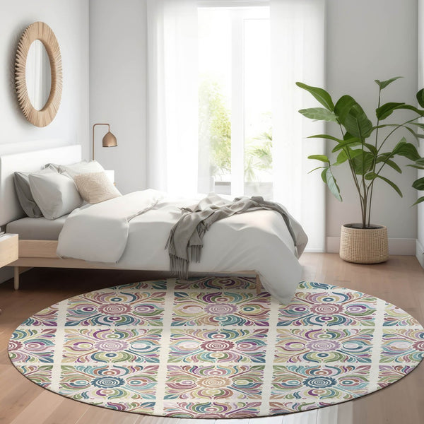 HomeRoots 8' Washable Round Medallion Rug in Ivory, Purple & Teal – UV Protected, Stain Resistant, Durable Comfort 667694