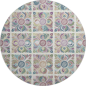 HomeRoots 8' Washable Round Medallion Rug in Ivory, Purple & Teal – UV Protected, Stain Resistant, Durable Comfort 667694