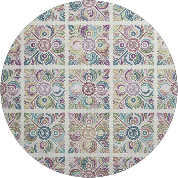HomeRoots 8' Washable Round Medallion Rug in Ivory, Purple & Teal – UV Protected, Stain Resistant, Durable Comfort 667694