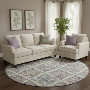 HomeRoots 8' Washable Round Medallion Rug in Ivory, Purple & Teal – UV Protected, Stain Resistant, Durable Comfort 667694
