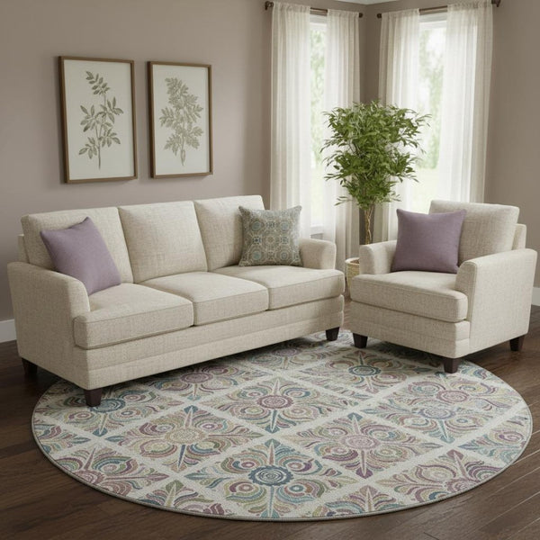HomeRoots 8' Washable Round Medallion Rug in Ivory, Purple & Teal – UV Protected, Stain Resistant, Durable Comfort 667694