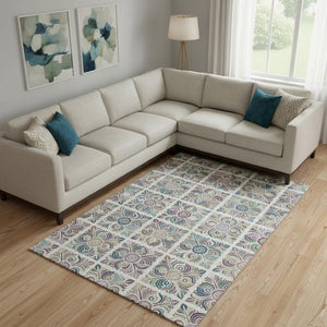 HomeRoots 8' X 10' Ivory Purple Teal Medallion Washable Area Rug - Stylish, Durable, UV Protected for Homes 667695