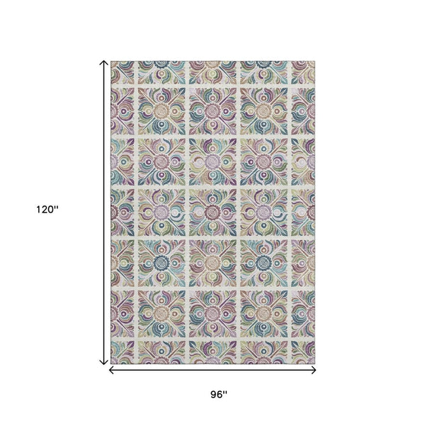HomeRoots 8' X 10' Ivory Purple Teal Medallion Washable Area Rug - Stylish, Durable, UV Protected for Homes 667695