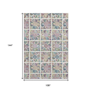 HomeRoots 9' X 12' Medallion Area Rug in Ivory, Purple & Teal - Washable, UV-Protected & Stain-Resistant! 667696