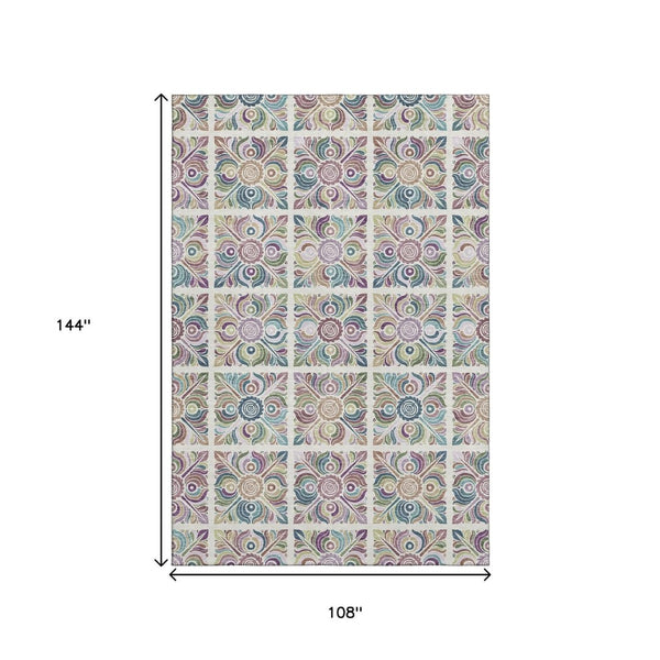 HomeRoots 9' X 12' Medallion Area Rug in Ivory, Purple & Teal - Washable, UV-Protected & Stain-Resistant! 667696