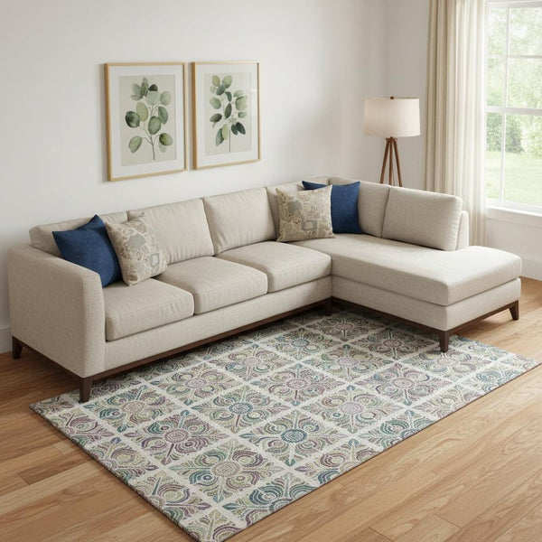 HomeRoots 9' X 12' Medallion Area Rug in Ivory, Purple & Teal - Washable, UV-Protected & Stain-Resistant! 667696