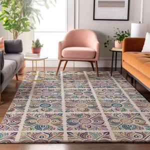 HomeRoots 9' X 12' Medallion Area Rug in Ivory, Purple & Teal - Washable, UV-Protected & Stain-Resistant! 667696