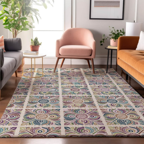 HomeRoots 9' X 12' Medallion Area Rug in Ivory, Purple & Teal - Washable, UV-Protected & Stain-Resistant! 667696