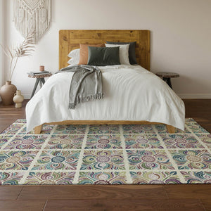 HomeRoots 9' X 12' Medallion Area Rug in Ivory, Purple & Teal - Washable, UV-Protected & Stain-Resistant! 667696
