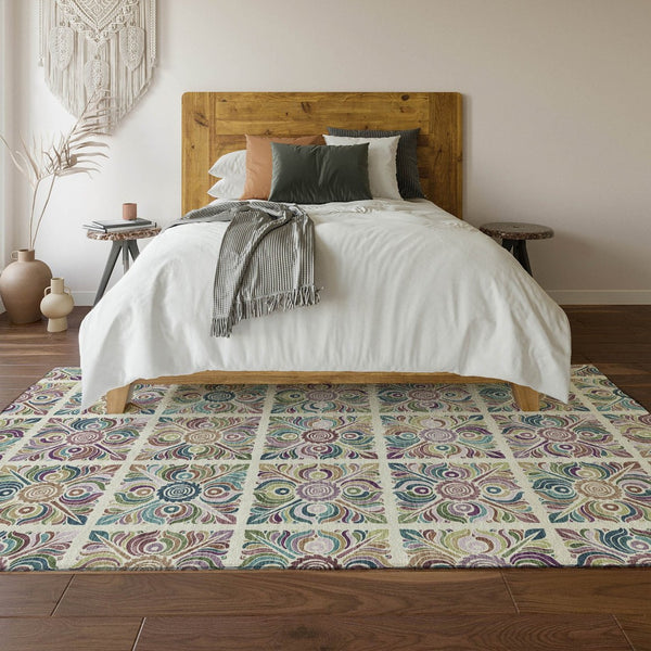 HomeRoots 9' X 12' Medallion Area Rug in Ivory, Purple & Teal - Washable, UV-Protected & Stain-Resistant! 667696