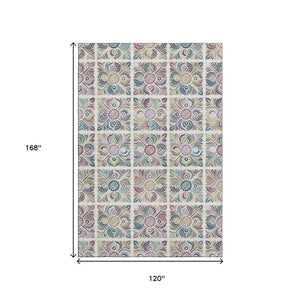 HomeRoots 10' Ivory Purple Teal Medallion Washable Area Rug - Durable, Stain-Resistant, UV Protected Design 667697