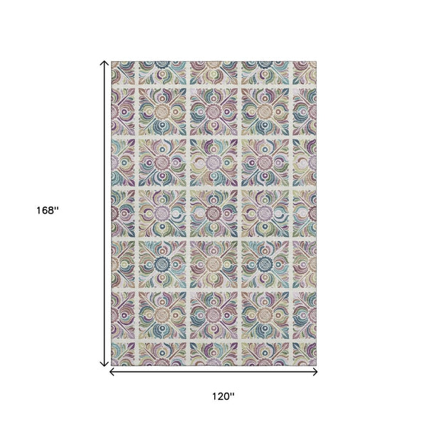 HomeRoots 10' Ivory Purple Teal Medallion Washable Area Rug - Durable, Stain-Resistant, UV Protected Design 667697