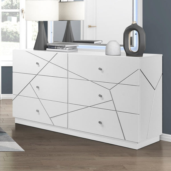 English Elm Glamorous Six Drawer White Dresser Etched Geometric Front Chrome Knobs Bedroom B011P429134