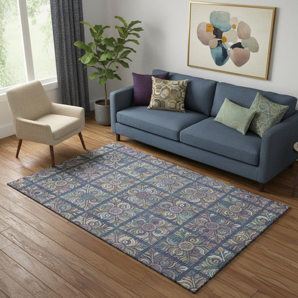 HomeRoots 5' X 8' Washable Medallion Area Rug in Navy Blue, Purple & Teal – UV Resistant, Durable & Stylish 667699
